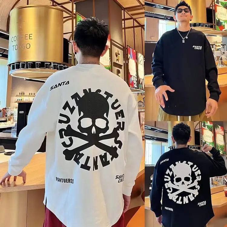 Skull Print Oversized Fleece Sweatshirt