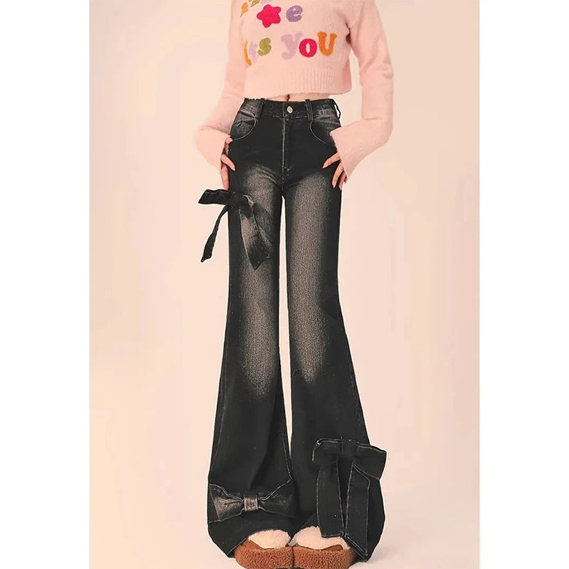 Black Gothic Bow Flare Jeans